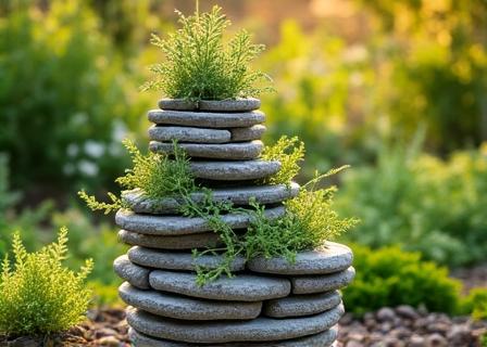 Kräuterspirale im Garten aus Natursteinen