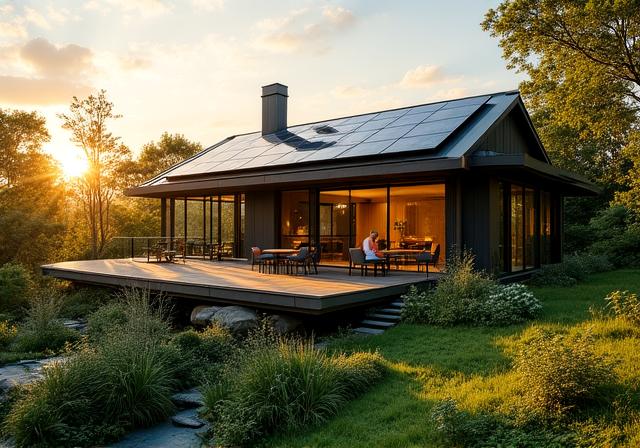 Modernes Haus mit Solarpaneelen umgeben von üppigem Grün