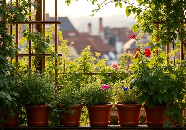 Ein üppig bepflanzter Stadtbalkon mit verschiedenen Ebenen und Kräutern